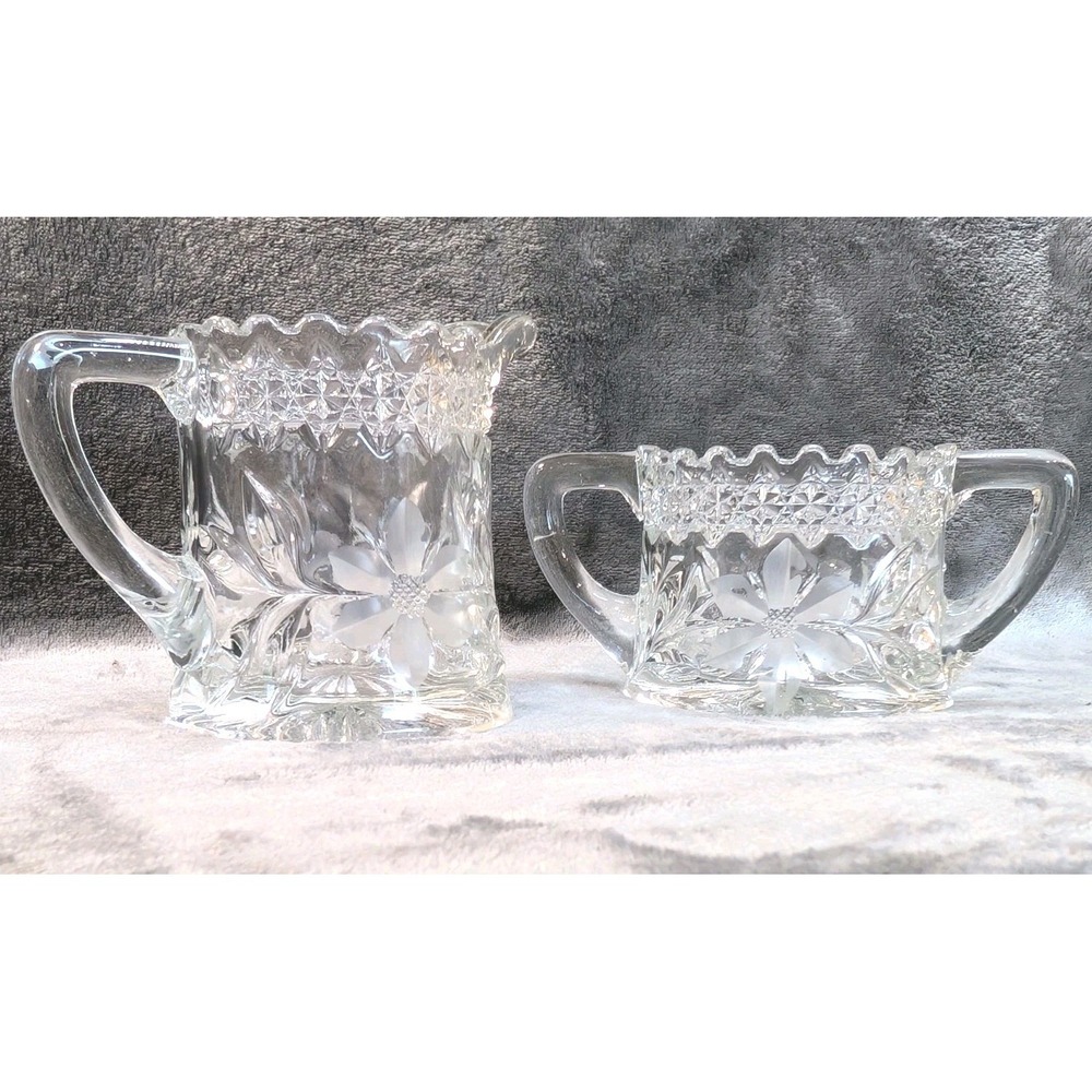 Vintage Pressed Glass Creamer & Open Sugar – Frosted Daisy, Scalloped Rim,...